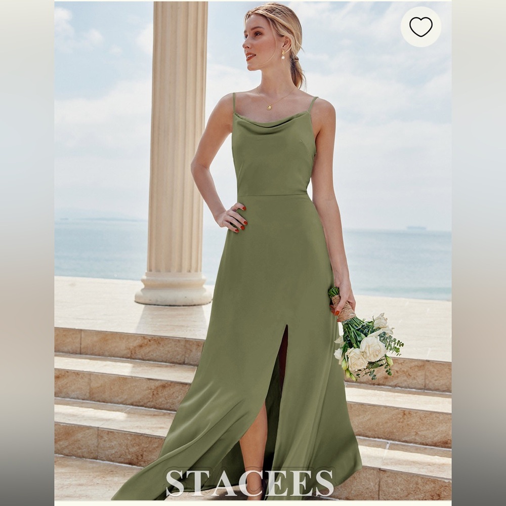 Stacees Cowl Neck Stretch Satin Bridesmaid Dress with Slit. Olive green. Size 6